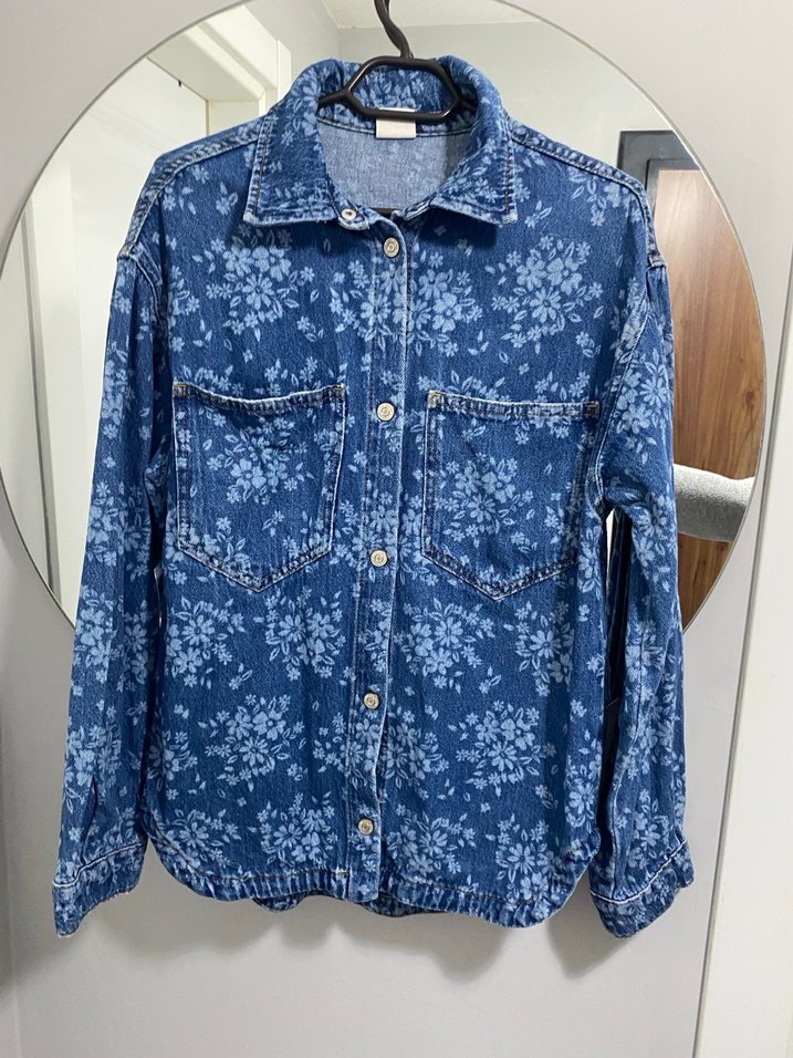 Kız çocuk Mavi Çiçek Desenli Denim Ceket - Görsel 4