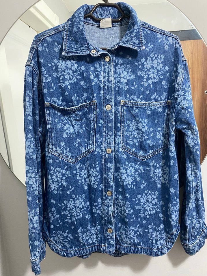 Kız çocuk Mavi Çiçek Desenli Denim Ceket - Görsel 5