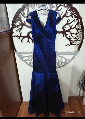 Lacivert Drapeli V Yaka Uzun Abiye Elbise - Görsel 2