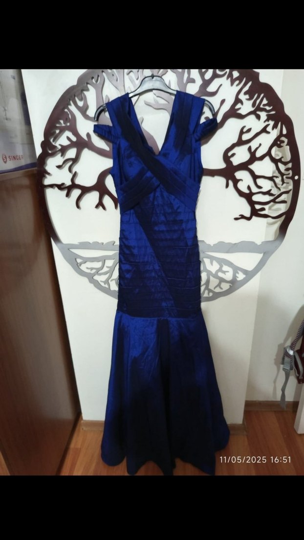 Lacivert Drapeli V Yaka Uzun Abiye Elbise - Görsel 2