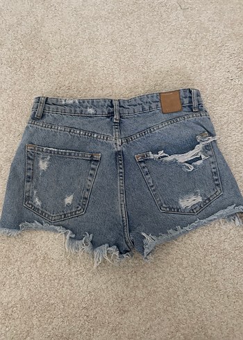Bershka Düğmeli Gri Mavi Mini Denim Şort
