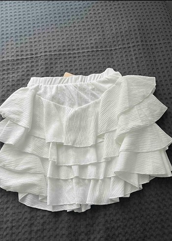 Beyaz Fırfırlı Keten Mini Etek