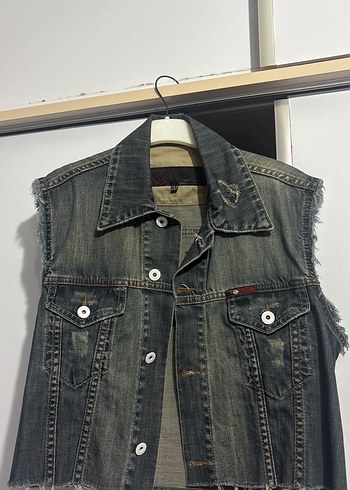 Vintage Gri Düğmeli Kolsuz Kadın Kot Ceket