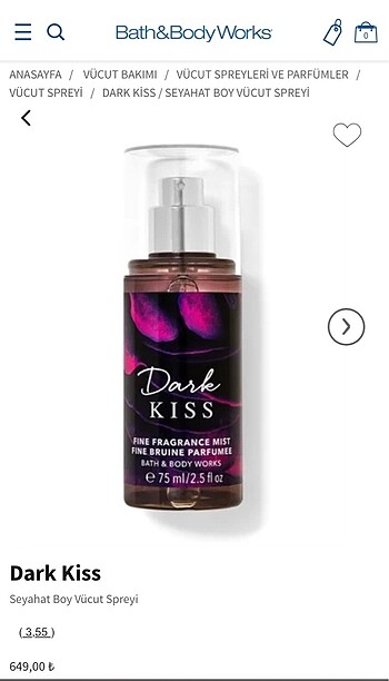 Beden Renk Bath & Body Works Dark Kiss Seyahat Boy Body Mist