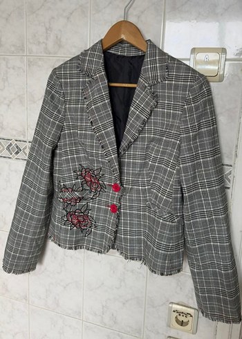Zara Gri Ekose Cicek İslemeli Kadin Blazer