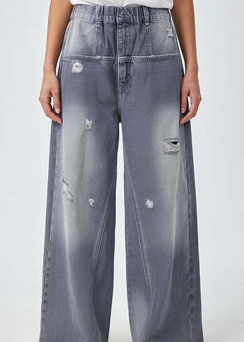 Gri Bol Kesim Kemerli Punk Kadın Kot Pantolon - Görsel 3