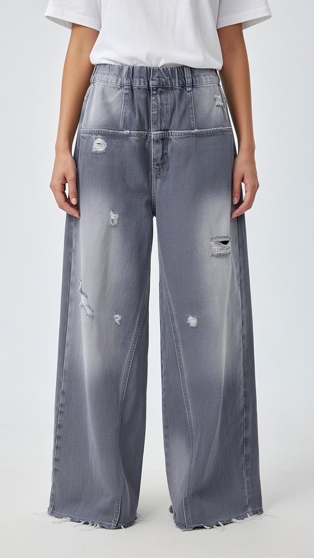 Gri Bol Kesim Kemerli Punk Kadın Kot Pantolon - Görsel 3