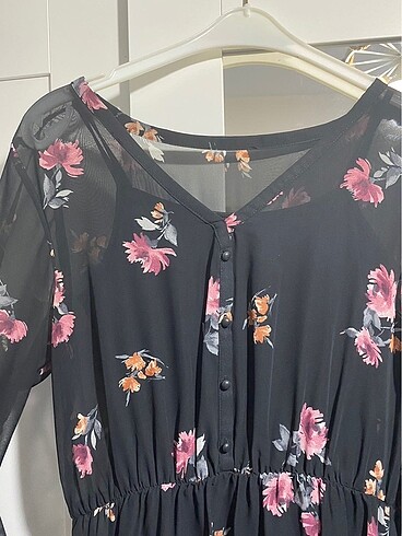 s Beden Lc Waikiki Kadın Siyah Desenli Şifon Elbise
