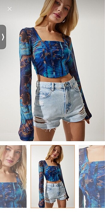 Kadın Mavi Desenli Şifon Crop Bluz