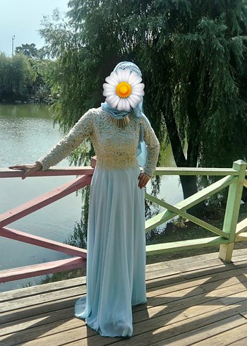 Mavi Çiçek Desenli Uzun Bohem Elbise