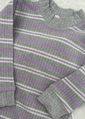 Kız Çocuk Gri Çizgili Triko Sweatshirt ve Eşofman - Görsel 2