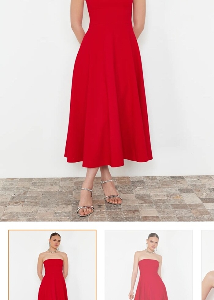 Trendyolmilla Kırmızı Straplez A kesim Elbise - Görsel 3