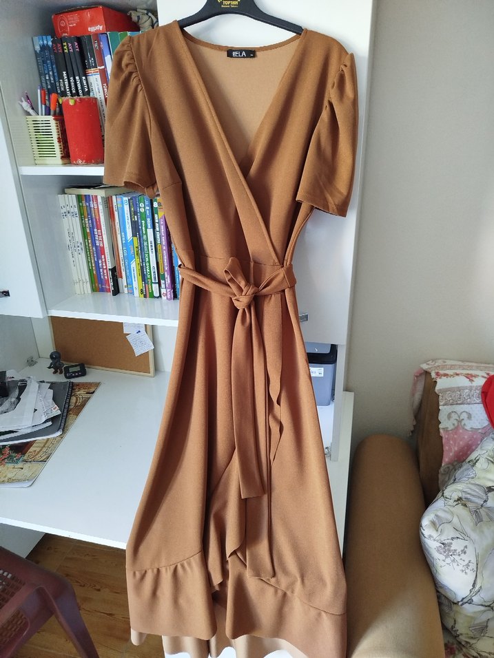 kahverengi midi elbise - Görsel 3