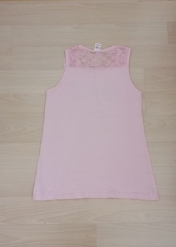 12-13 Yaş Beden pembe Renk Kız Çocuk Pembe Dantelli Askısız Tişört