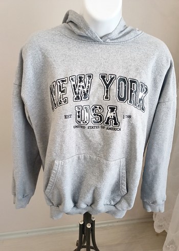Gri New York Baskılı Kapüşonlu Sweatshirt - Görsel 3