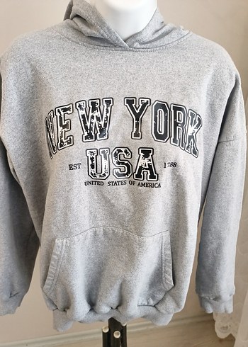 Gri New York Baskılı Kapüşonlu Sweatshirt - Görsel 2
