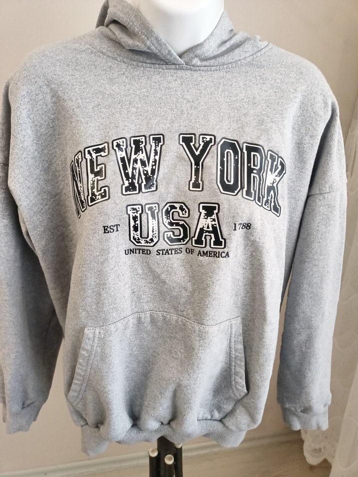 Gri New York Baskılı Kapüşonlu Sweatshirt - Görsel 2