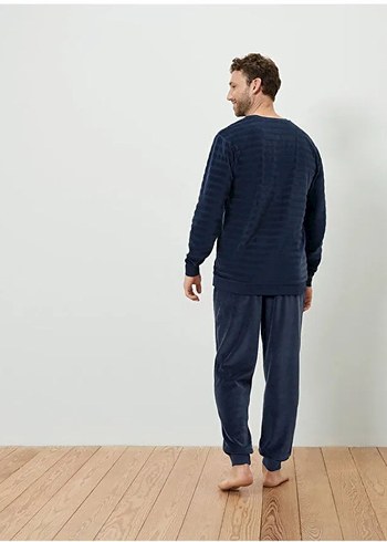 Lacivert Erkek V Yaka Rahat Pijama Takımı - Görsel 2