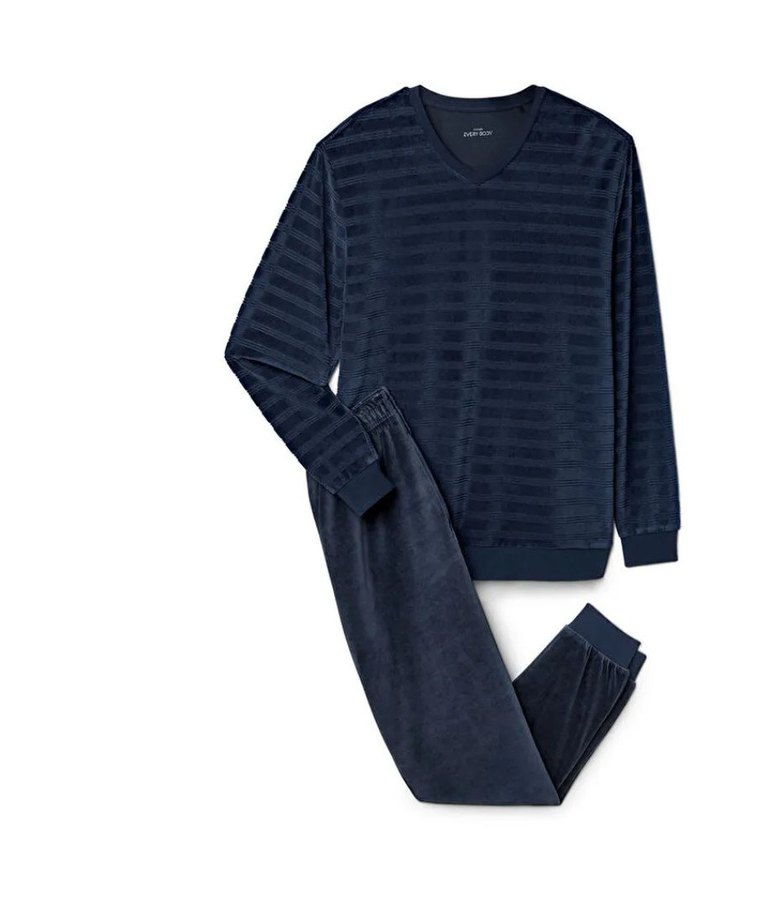 Lacivert Erkek V Yaka Rahat Pijama Takımı - Görsel 4