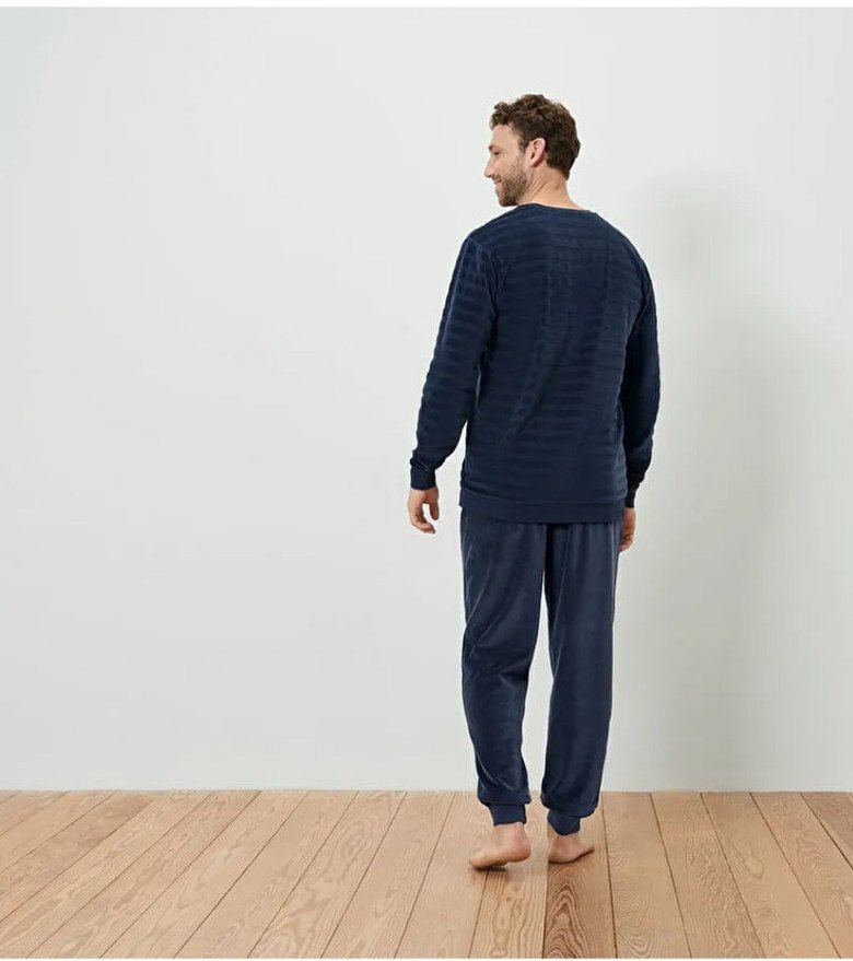 Lacivert Erkek V Yaka Rahat Pijama Takımı - Görsel 2