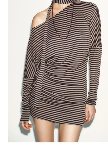 Çizgili Bej Kadın Triko Elbise - Görsel 2