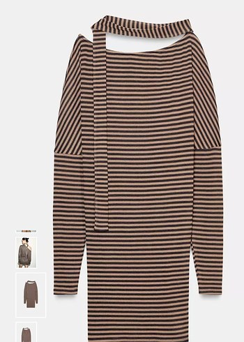 Çizgili Bej Kadın Triko Elbise - Görsel 4