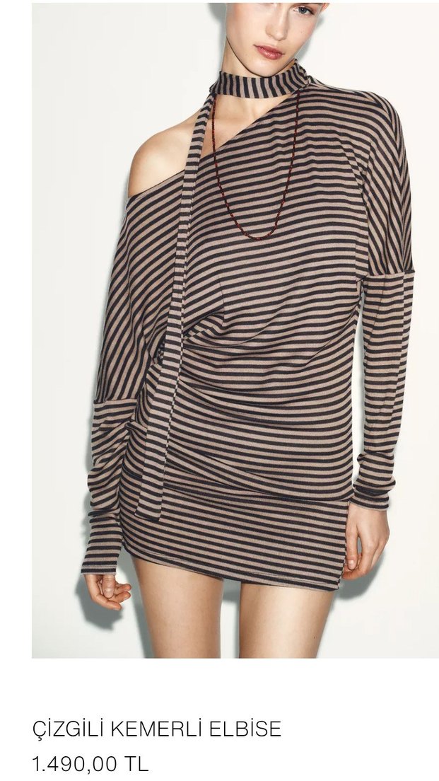 Çizgili Bej Kadın Triko Elbise - Görsel 2