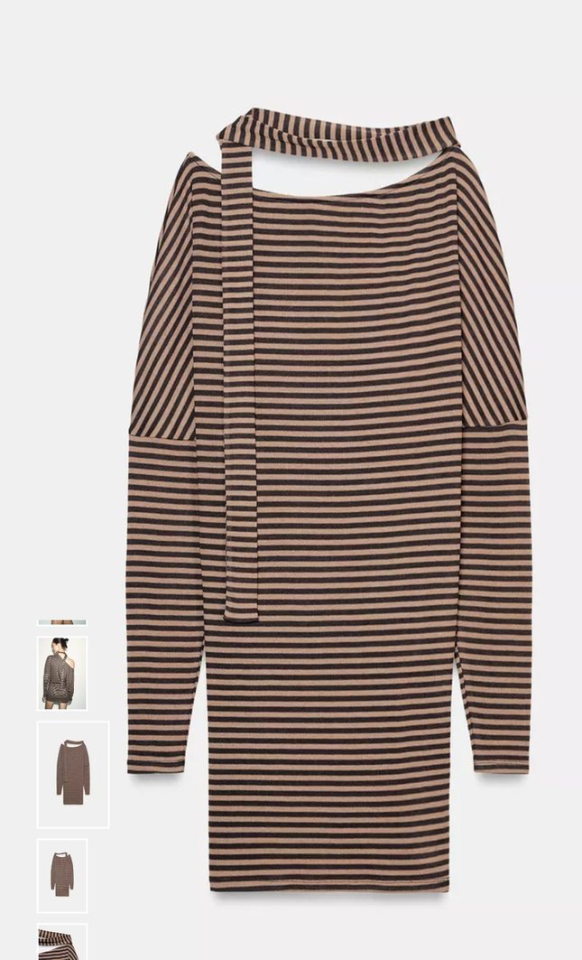 Çizgili Bej Kadın Triko Elbise - Görsel 4