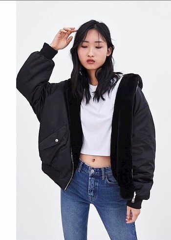 Zara çift taraflı mont siyah Kapüşonlu Kadın Ceket Kürklü - Görsel 2