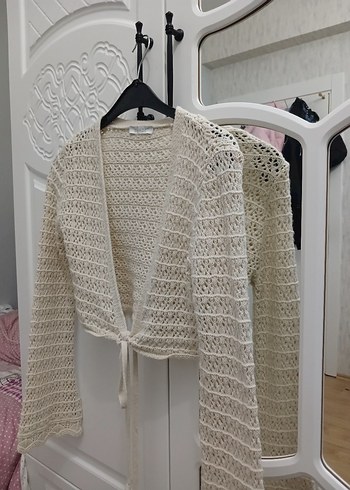 Beyaz V Yaka Bohem Örgü Kadın hırka - Görsel 2