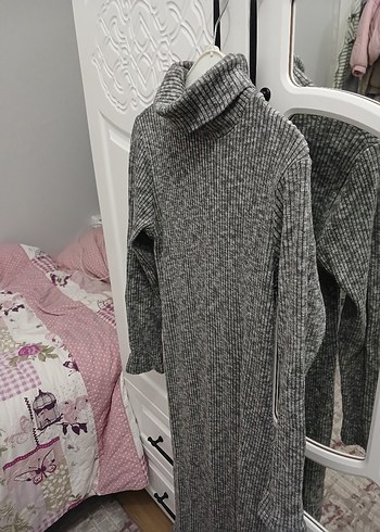 Gri Uzun Kollu Boğazlı Triko Midi Elbise - Görsel 4