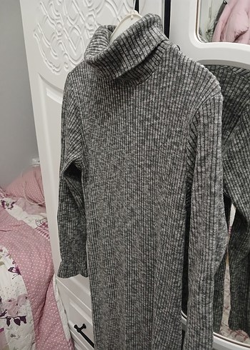 Gri Uzun Kollu Boğazlı Triko Midi Elbise - Görsel 3