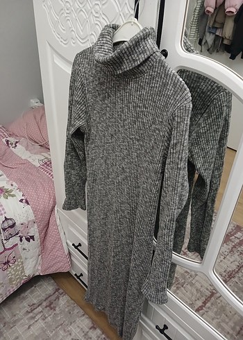 Gri Uzun Kollu Boğazlı Triko Midi Elbise - Görsel 2