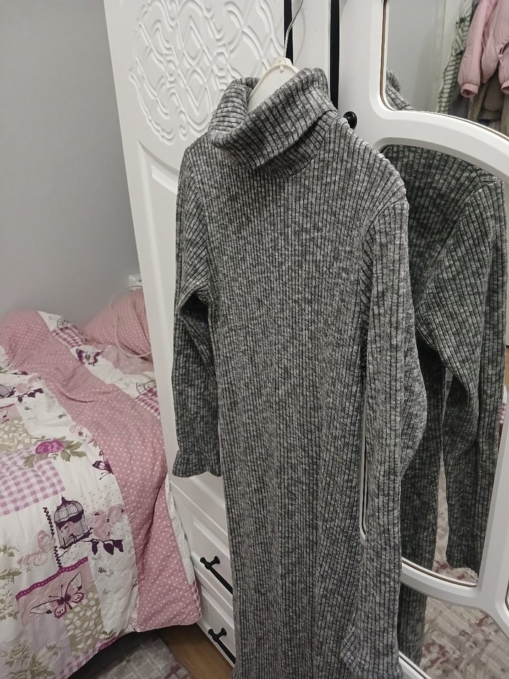 Gri Uzun Kollu Boğazlı Triko Midi Elbise - Görsel 4