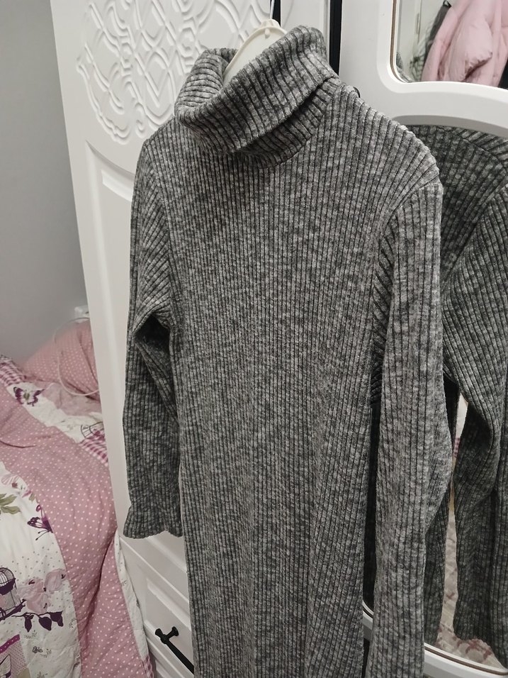 Gri Uzun Kollu Boğazlı Triko Midi Elbise - Görsel 3