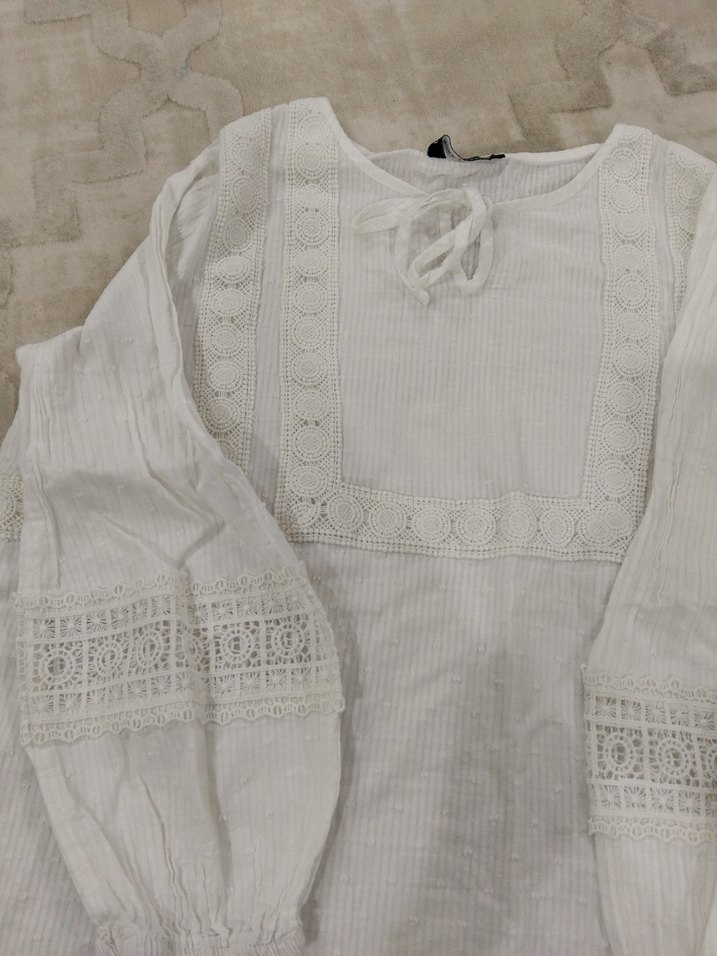 Kadın Beyaz Keten Düğmeli Wrap Bluz - Görsel 2