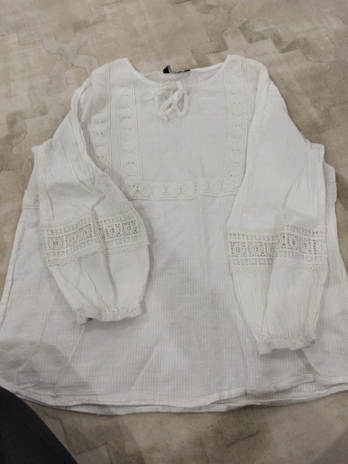 Kadın Beyaz Keten Düğmeli Wrap Bluz - Görsel 3