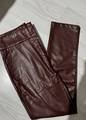 Diğer Koyu bordo ekstra yüksek bel deri pantolon