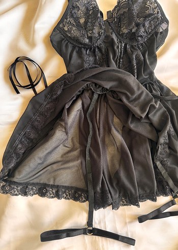 Nakışlı Siyah Gotik İpli Kadın Gecelik - Görsel 5