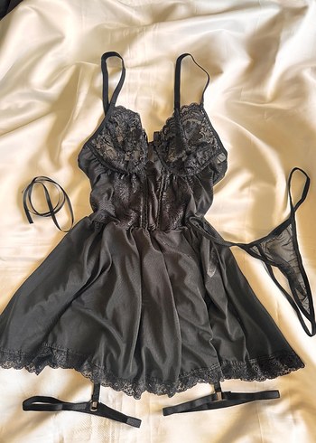 Nakışlı Siyah Gotik İpli Kadın Gecelik - Görsel 3