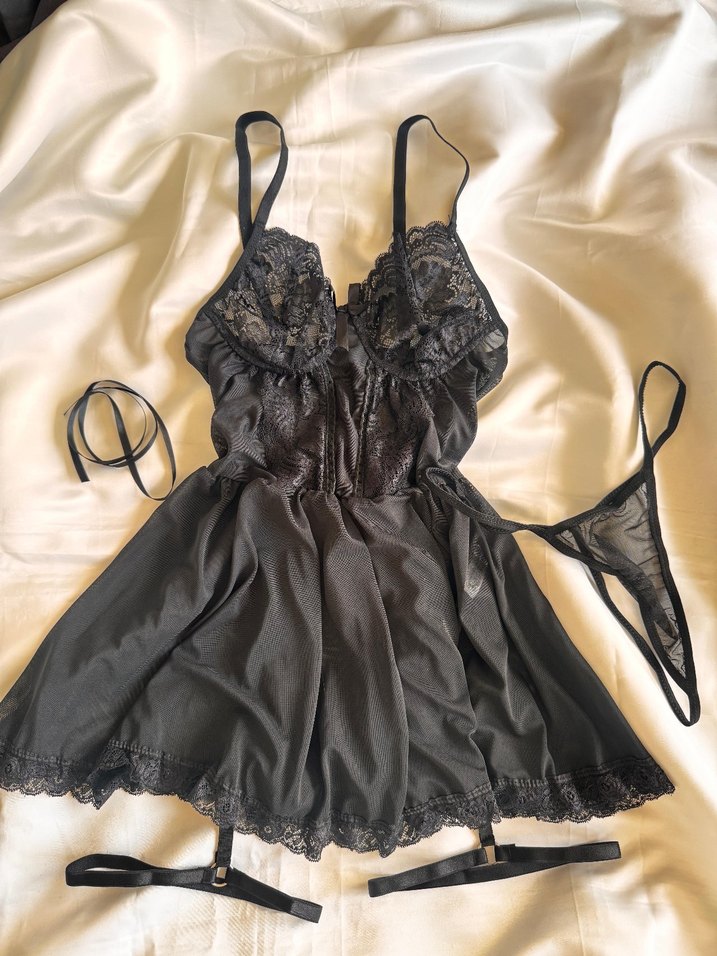 Nakışlı Siyah Gotik İpli Kadın Gecelik - Görsel 3