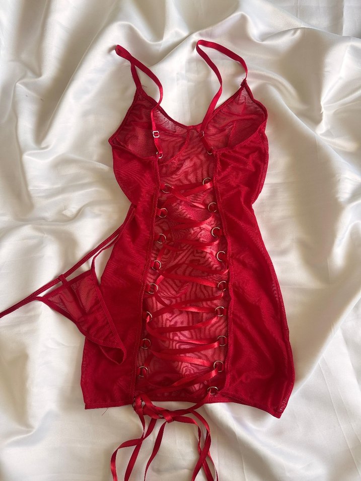 Kırmızı Dantelli Mini Elbise - Görsel 2