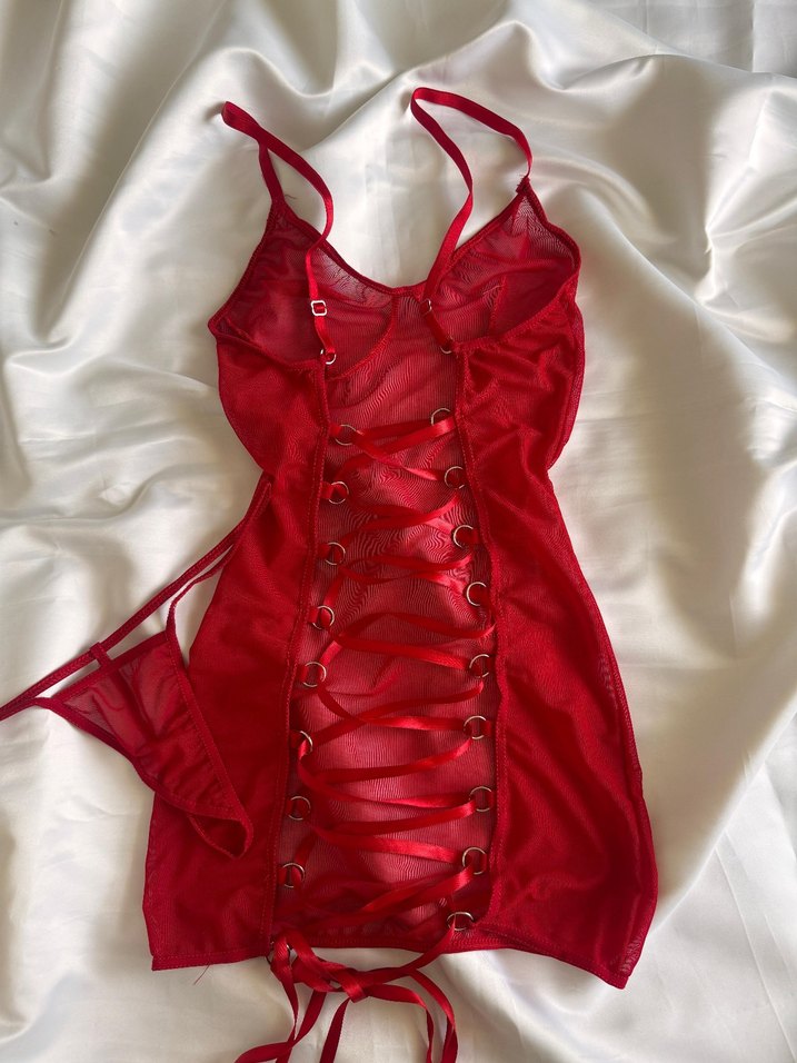 Kırmızı Dantelli Mini Elbise - Görsel 5