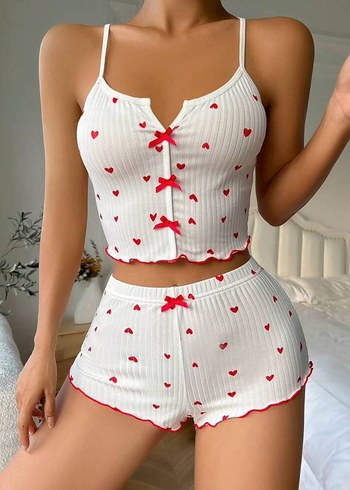l Beden Nakışlı Beyaz Mini İp Askılı Pijama Takımı