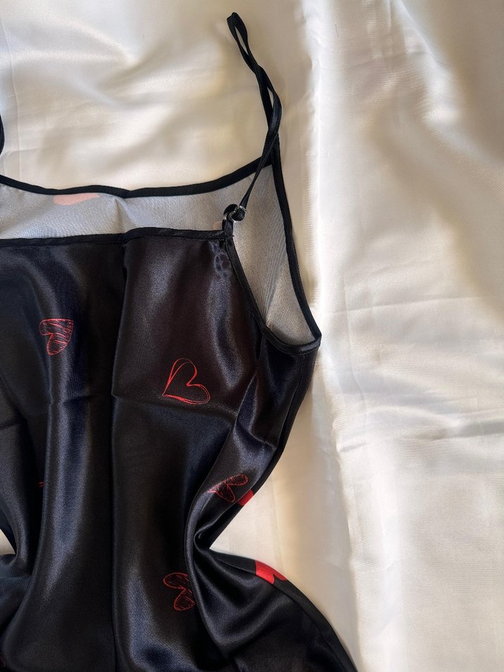 Nakışlı Siyah İnce Askılı Midi Gecelik - Görsel 5