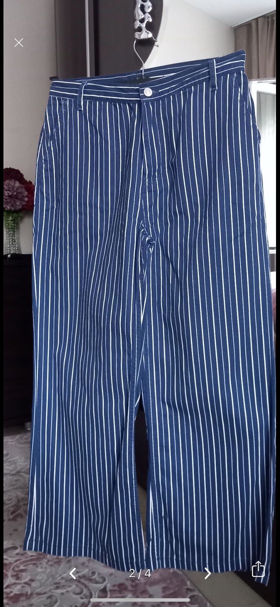 Düğmeli Lacivert Çizgili KotKadın Gömlek ve pantolon - Görsel 3