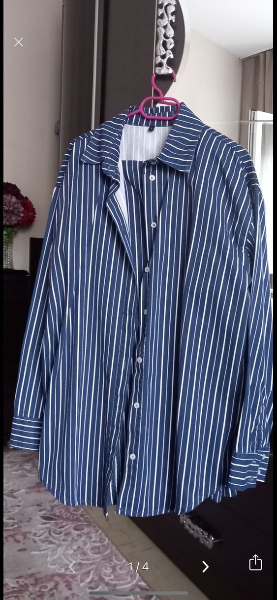 Düğmeli Lacivert Çizgili KotKadın Gömlek ve pantolon - Görsel 2