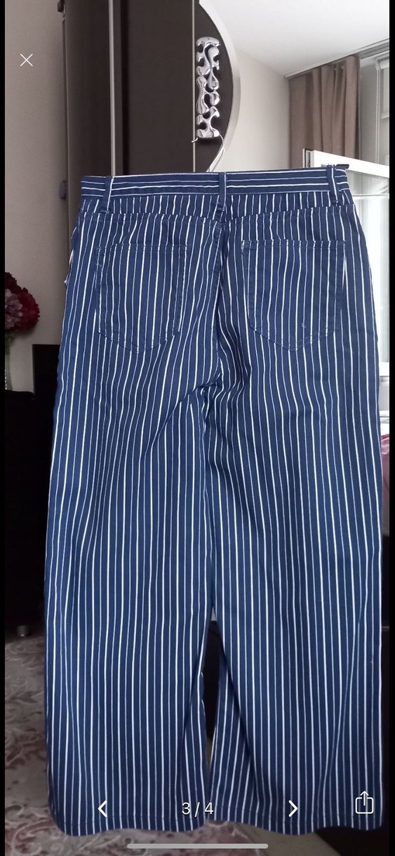 Düğmeli Lacivert Çizgili KotKadın Gömlek ve pantolon - Görsel 4