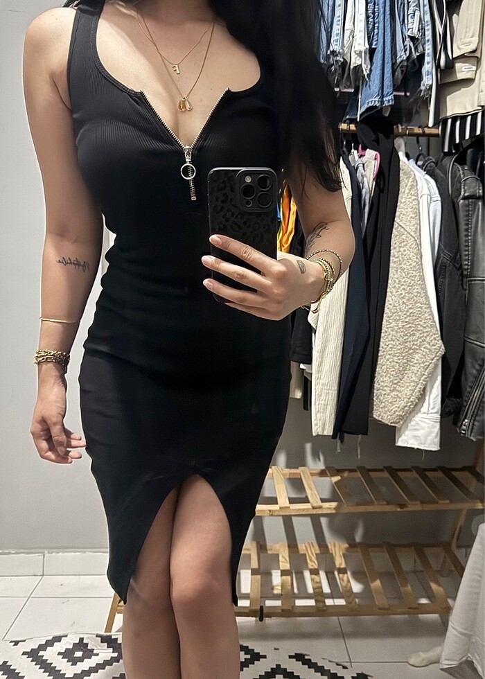 Fermuar Detaylı Siyah Koton Elbise - Görsel 2