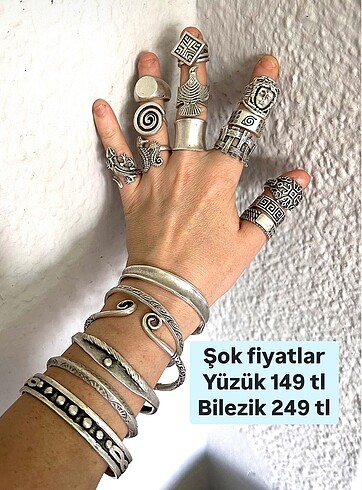 Vintage pirinç üzeri gümüş kaplama bileklik yüzük